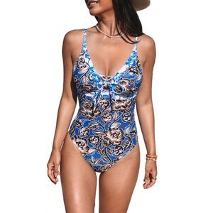 CUPSHE Women Swim One Piece V Neck Self Tie Tummy Control Paneled Bathing Suit